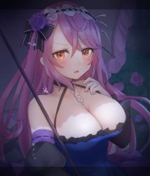 Rule 34 | 1girl, bare shoulders, breasts, cleavage, dress, gloves, gothic rose, guardian tales, hair ribbon, hand on own chest, highres, large breasts, long hair, looking at viewer, open mouth, purple hair, ribbon, signature, solo, umbrella, upper body, vampire, vampire girl karina, white gloves, yellow eyes