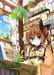 Rule 34 | 1girl, blue eyes, book, brown hair, clock, curtains, desk, hair between eyes, hair ribbon, indoors, long hair, looking at viewer, lucena winter, original, pen, plant, potted plant, ribbon, room, shelf, side ponytail, sitting, smile, solo, sunlight, window, yuuhagi (amaretto-no-natsu)