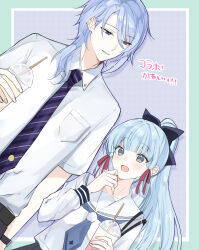 Rule 34 | 1boy, 1girl, aqua border, ayaka (genshin impact), black eyes, black ribbon, blue neckerchief, blue necktie, blunt bangs, border, breast pocket, brother and sister, check translation, collarbone, commentary request, cup, diagonal-striped clothes, diagonal-striped necktie, dress shirt, drinking straw, dutch angle, genshin impact, gokugetsu momo, grey eyes, hair ribbon, hand up, highres, holding, holding cup, kamisato ayaka, kamisato ayaka (heytea), kamisato ayato, kamisato ayato (heytea), long hair, long sleeves, looking at another, mole, mole under eye, neckerchief, necktie, official alternate costume, open mouth, pleated skirt, pocket, ponytail, ribbon, sailor collar, school uniform, serafuku, shirt, siblings, sidelocks, skirt, smile, striped clothes, translation request, watch, white sailor collar, white serafuku, white shirt, wristwatch