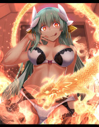 Rule 34 | 1girl, :q, aqua hair, black bra, black thighhighs, bow, bow bra, bow panties, bra, breasts, cleavage, closed mouth, commentary request, cowboy shot, dragon, dragon girl, dragon horns, empty eyes, fate/grand order, fate (series), fire, garter belt, garter straps, glowing, glowing eyes, green hair, hair between eyes, hair ornament, hand up, horns, indoors, kiyohime (fate), lace, lace-trimmed bra, lace-trimmed legwear, lace trim, large breasts, letterboxed, licking lips, long hair, looking at viewer, panties, red bow, red eyes, smile, solo, swimsuit, thighhighs, tongue, tongue out, underwear, very long hair, white bow, white bra, white panties, yandere, yandere trance, yellow eyes, yuge (yuge bakuhatsu)