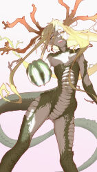 Rule 34 | 1girl, blonde hair, breasts, claws, colored skin, commentary request, dragon girl, dragon horns, dragon tail, glowing, gradient background, green skin, highres, holding orb, horns, long hair, looking at viewer, medium breasts, monster girl, multicolored skin, nipples, original, pointy ears, scales, shokushi yuu, slit pupils, solo, standing, tail, topless, two-tone skin, very long hair, white skin, yellow eyes