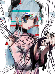 Rule 34 | 1girl, :d, black collar, black ribbon, blue hair, bun cover, cable, ccnaov, chinese clothes, clothing cutout, collar, double bun, dress, fang, glitch, grey eyes, hair between eyes, hair bun, hair ornament, hands up, highres, holding, long hair, long sleeves, nail polish, open mouth, original, pink dress, ribbon, shoulder cutout, smile, solo, teeth, upper body, upper teeth only