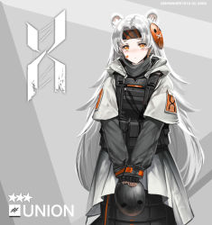 Rule 34 | 1girl, animal ears, arknights, armor, bandaid, commentary, dishwasher1910, english commentary, fingerless gloves, frown, gloves, headband, highres, holding, holding mask, layered sleeves, logo, long hair, long sleeves, looking at viewer, mask, mask on head, unworn mask, orange eyes, parted bangs, reunion logo (arknights), reunion soldier (arknights) (dishwasher1910), sanpaku, short over long sleeves, short sleeves, silver hair, solo, standing, star (symbol), v arms, very long hair, vest