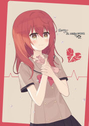 Rule 34 | 1girl, absurdres, blush, bocchi the rock!, bow, bowtie, broken heart, brown shirt, cardiogram, chinese commentary, commentary request, crying, crying with eyes open, english text, green eyes, heart, highres, kita ikuyo, long hair, red bow, red bowtie, red hair, ruan qin, school uniform, shirt, short sleeves, shuka high school uniform, solo, tears