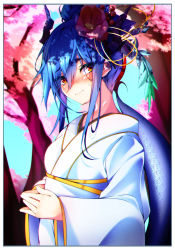 1girl, absurdres, alternate costume, arknights, beads, blue hair, blush, ch&#039;en (arknights), cherry blossoms, clip studio paint (medium), dragon girl, dragon horns, dragon tail, flower, hair beads, hair flower, hair ornament, highres, horns, huge filesize, japanese clothes, kimono, orange eyes, solo, tail, the0neulost, tree