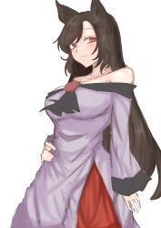 Rule 34 | 1girl, absurdres, animal ears, bare shoulders, black hair, breasts, cleavage, closed mouth, commentary request, dress, highres, imaizumi kagerou, kuraki, large breasts, long hair, long sleeves, looking at viewer, off-shoulder dress, off shoulder, red eyes, simple background, solo, touhou, white background, white dress, wolf ears