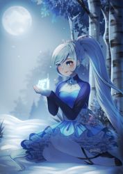 Rule 34 | 1girl, artist name, blue dress, blue eyes, blue hair, commentary, commission, dress, english commentary, forest, hair behind ear, highres, long hair, minxei, moon, nature, pantyhose, ponytail, rwby, smile, solo, tiara, tree, weiss schnee, white pantyhose