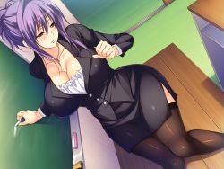Rule 34 | 1girl, breasts, chalk, chalkboard, chitsunai no ibutsu, classroom, cleavage, curvy, dutch angle, embarrassed, female focus, formal, game cg, huge breasts, jewelry, legs, looking down, necklace, office lady, purple hair, red eyes, school, shindou mikeko, shiny clothes, short hair, skirt, solo, standing, suit, table, teacher, thighhighs, thighs, writing
