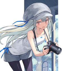 Rule 34 | 1girl, bare arms, bare shoulders, black pantyhose, cabbie hat, camera, camera around neck, camisole, collarbone, commentary, fang, grey hair, grey hat, grey shorts, hair between eyes, hat, highres, holding, holding camera, leaning forward, long hair, looking at viewer, open mouth, original, pantyhose, poco (asahi age), red eyes, short shorts, shorts, solo, standing, very long hair, white camisole
