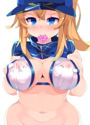 Rule 34 | 1girl, artoria pendragon (fate), bikini, blonde hair, blue eyes, blush, breasts, covered erect nipples, fate/grand order, fate (series), female focus, gradient background, hair between eyes, hat, highres, large breasts, looking at viewer, mouth hold, mysterious heroine x (fate), mysterious heroine xx (fate), navel, nose blush, solo, swimsuit, white bikini, zamudelin