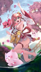 Rule 34 | 1girl, 35p (sakura miko), absurdres, ahoge, arm up, armpits, barefoot, bell, breasts, bridal garter, cherry blossom print, cherry blossoms, day, detached sleeves, double-parted bangs, falling petals, feet, floral print, green eyes, hair bell, hair between eyes, hair ornament, hakama, hakama short skirt, hakama skirt, hand up, highres, hololive, japanese clothes, jingle bell, kimono, kintoki (sakura miko), long hair, looking at viewer, mechjunk, medium breasts, motion blur, mountain, nontraditional miko, open mouth, outdoors, partially underwater shot, paw print, petals, pink hair, red hakama, river, sakura miko, sakura miko (1st costume), sash, sideboob, sideless kimono, skirt, sleeveless, sleeveless kimono, smile, standing, standing on one leg, tassel, teeth, thigh strap, torii, tree, upper teeth only, virtual youtuber, wading, water, white kimono, white sleeves, wide sleeves, x hair ornament, yellow sash
