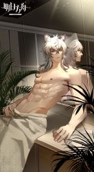 Rule 34 | 1boy, abs, absurdres, against mirror, animal ear fluff, animal ears, arknights, collarbone, copyright name, different reflection, earrings, extra ears, grey hair, hair between eyes, highres, indoors, jewelry, leleyoukuailele, leopard ears, long hair, male focus, mirror, naked towel, nipples, plant, potted plant, reflection, silverash (arknights), single earring, sink, solo, towel