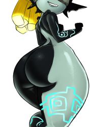 Rule 34 | 1girl, ass, back, black skin, blonde hair, breasts, colored skin, fang, from behind, grey skin, greyimpaction, grin, head out of frame, highres, huge ass, long hair, midna, multicolored skin, neon trim, nintendo, nipples, nude, small breasts, smile, solo, the legend of zelda, the legend of zelda: twilight princess, thick thighs, thighs, two-tone skin