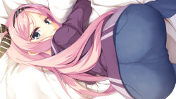 Rule 34 | 1girl, :p, aqua eyes, aria (koiiroharemoyou), ass, bed sheet, black ribbon, blush, cafe stella to shinigami no chou, cameltoe, casual, closed mouth, commentary, denim, eyelashes, foreshortening, from above, from behind, hair ribbon, hair spread out, highres, hood, hoodie, hugging object, jeans, long hair, long sleeves, looking at viewer, looking back, official alternate costume, pants, parted bangs, pillow, pillow hug, pink hair, purple hoodie, ribbon, shioyama suzune, smile, solo, tongue, tongue out, very long hair