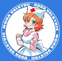 Rule 34 | 1girl, apron, armband, blush stickers, character name, check commentary, commentary request, hat, iesupa, nora valkyrie, nurse, nurse cap, orange hair, rwby, rwby chibi, smile, solo