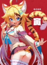 Rule 34 | 1girl, :d, ahoge, animal ears, animal print, ass, black skirt, blonde hair, chinese zodiac, claws, commentary request, fang, highres, long hair, looking at viewer, miniskirt, new year, open mouth, original, panties, print panties, red background, school uniform, skirt, smile, solo, tail, thighhighs, tiger ears, tiger print, tiger tail, tsuji, underwear, white thighhighs, wide sleeves, year of the tiger, yellow panties