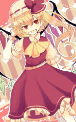 Rule 34 | 1girl, ascot, bat wings, blonde hair, commentary, cowboy shot, crystal, dress, fang, flandre scarlet, frills, hand up, hat, hat ribbon, highres, karuta (kanten 0202), mob cap, open mouth, puffy short sleeves, puffy sleeves, red dress, ribbon, short sleeves, side ponytail, solo, touhou, wings