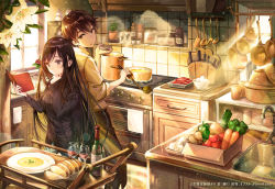 Rule 34 | 1boy, 1girl, bell pepper, black hair, book, bottle, bread, brown eyes, brown hair, carrot, cooking, cup, drinking glass, egg, faucet, flower, food, hand on own chin, holding, kitchen, knife, ladle, lens flare, long hair, meat, mole, mole under eye, open book, original, oven, pepper, pierorabu, plate, pot, potato, sink, sleeves rolled up, soup, soup no kuni no ohime-sama, stove, tomato, window, wine bottle, wine glass