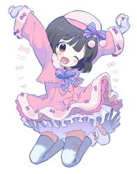 1girl :d beret black_hair bloomers blue_thighhighs blunt_bangs brown_eyes dot_nose dress fingerless_gloves fur-trimmed_gloves fur-trimmed_sleeves fur_trim gloves hat idolmaster idolmaster_million_live! idolmaster_million_live!_theater_days itohari_(mamiiori1) jumping layered_dress long_sleeves looking_at_viewer nakatani_iku official_alternate_costume one_eye_closed open_mouth pink_dress pink_ribbon purple_ribbon ribbon short_hair sidelocks simple_background smile solo straight_hair thighhighs underwear white_background white_bloomers white_footwear zettai_ryouiki