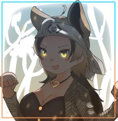 Rule 34 | animal ears, cats yone, ezo brown bear (kemono friends), jewelry, kemono friends, kemono friends 3, long hair, necklace, open mouth, simple background, tail, yellow eyes