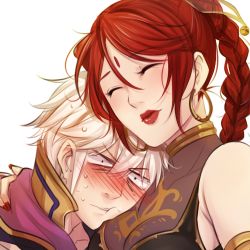 Rule 34 | 1boy, 1girl, :t, armlet, bare shoulders, bindi, blush, braid, breast pillow, breast smother, breasts, brown eyes, earrings, face to breasts, facial mark, fire emblem, fire emblem: the sacred stones, fire emblem awakening, forehead mark, full-face blush, hetero, hoop earrings, hug, jewelry, lips, lipstick, long hair, lowres, makeup, nail polish, nintendo, red hair, robin (fire emblem), robin (male) (fire emblem), short hair, silver hair, single braid, sweatdrop, tethys (fire emblem), tusia, wide-eyed