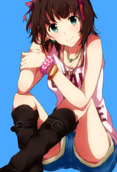 Rule 34 | 1girl, amami haruka, blush, boots, bracelet, brown hair, earrings, green eyes, hair ribbon, hand in own hair, idolmaster, idolmaster (classic), jewelry, looking at viewer, necklace, ribbon, ryouma (galley), short hair, shorts, simple background, sitting, sleeveless, smile, solo