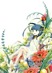 Rule 34 | 1girl, bare legs, barefoot, bellflower, blue eyes, blue hair, bracelet, brooch, colorful, crossed legs, dress, earrings, flower, flower request, hair ornament, jewelry, lily of the valley, matching hair/eyes, nail polish, open mouth, original, pointy ears, ring, sasaki nakona, simple background, sitting, solo, white dress