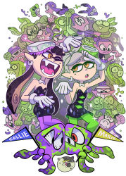 Rule 34 | 6+boys, 6+girls, callie (splatoon), cat, character name, earrings, fangs, green hair, highres, inkling player character, jewelry, judd (splatoon), marie (splatoon), mask, matthieu cousin, mole, mole under eye, monster boy, monster girl, multiple boys, multiple girls, nintendo, object on head, pointy ears, ponytail, purple hair, shoes, short eyebrows, sneakers, sparkle, squid, sweat, tentacle hair
