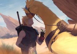 Rule 34 | armor, bag, belt, bird, blonde hair, blue eyes, blue shirt, buster sword, chocobo, cloud strife, cowboy shot, closed eyes, final fantasy, final fantasy vii, final fantasy vii remake, food, forehead-to-forehead, gloves, grass, harness, heads together, ho fan, holding, holding bag, holding food, looking at another, male focus, materia, mountain, multiple belts, outdoors, parted lips, reins, saddle, shirt, short hair, shoulder armor, sleeveless, sleeveless turtleneck, spiked hair, square enix, suspenders, turtleneck, weapon, weapon on back