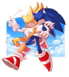 Rule 34 | blood, bloody tears, blue fur, closed eyes, fleetway super sonic, furry, furry male, gloves, hedgehog, hedgehog boy, hedgehog ears, hedgehog tail, highres, quill, shoes, sky, smile, sonic.exe, sonic.exe (character), sonic (series), sonic the hedgehog, spiked hair, super sonic, usa37107692, yellow fur