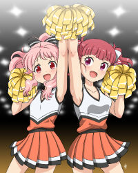 Rule 34 | 2girls, absurdres, anima yell!, armpits, arms up, blurry, blurry background, blush, breasts, ceiling light, cheerleader, flat chest, hair ribbon, hatoya kohane, highres, lights, looking at viewer, multiple girls, open mouth, pink eyes, pink hair, pom pom (cheerleading), red eyes, red hair, ribbon, signature, skirt, sleeveless, small breasts, sweat, twintails, uniform, ushiku kana, vzmk2