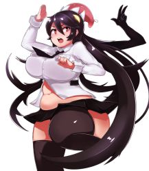 Rule 34 | 1girl, belly, black hair, black thighhighs, blush, breasts, fat, fat rolls, female focus, fighting stance, filia (skullgirls), large breasts, long hair, navel, oozon (ozon), plump, red eyes, samson (skullgirls), simple background, skullgirls, solo, thick thighs, thighhighs, thighs, wide hips, zettai ryouiki