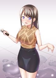 Rule 34 | 1girl, bare arms, bare shoulders, black skirt, blush, bra visible through clothes, breasts, brown hair, cowboy shot, d:, dripping, hair behind ear, hands up, high-waist skirt, highres, holding, holding microphone, large breasts, long hair, looking at viewer, mibushiro, microphone, open mouth, original, outstretched arms, pencil skirt, purple eyes, ribbed sweater, see-through, sidelocks, skirt, sleeveless, sleeveless sweater, solo, spread arms, standing, sweater, tile floor, tiles, water, wet, wet clothes, wet skirt, yellow sweater