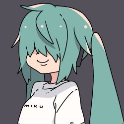 Rule 34 | 1girl, alternate hairstyle, aqua hair, grey background, hair over eyes, hatsune miku, highres, icon 315, long hair, portrait, simple background, smile, solo, twintails, vocaloid