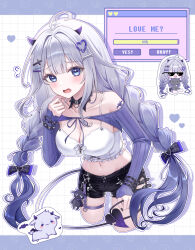 Rule 34 | 1girl, ahoge, animal, animal collar, black bow, black collar, black nails, black shorts, blue eyes, bone hair ornament, bow, bra, bracelet, braid, breasts, charm (object), chibi, collar, collarbone, corset, cropped legs, cross hair ornament, deal with it (meme), demon girl, demon tail, fang, fanged bangs, floating hair, frilled corset, frills, furrowed brow, gradient hair, grey hair, hair bow, hair intakes, hair ornament, hairclip, hand up, heart, heart hair ornament, heart o-ring, highres, holding, holding animal, holding own tail, horizontal pupils, horns, jewelry, leaning forward, leather shorts, light blush, long hair, looking at viewer, low twintails, medium breasts, meme, mole, mole under eye, multicolored hair, multiple views, open mouth, original, outline, patterned background, pora 0918, purple hair, purple horns, shorts, shoulder tattoo, shrug (clothing), sidelocks, simple background, sitting, small horns, spaghetti strap, spiked bracelet, spikes, tail, tattoo, thigh strap, thighhighs, twin braids, twintails, two-tone hair, underbust, underwear, very long hair, white bra, white corset, white outline, white thighhighs, window (computing)