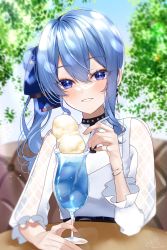 Rule 34 | 1girl, absurdres, blue eyes, blue hair, bracelet, casual, drinking straw, earrings, food, hair ribbon, highres, hololive, hoshimachi suisei, ice cream, ice cream float, jewelry, looking at viewer, ribbon, ring, see-through, see-through sleeves, side ponytail, smile, star (symbol), star in eye, symbol in eye, table, upper body, virtual youtuber, yuuyu (moco20111115)