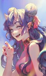 Rule 34 | 1girl, blunt bangs, diami, double bun, dress, fangs, hair bun, hair ornament, highres, light rays, looking at viewer, open mouth, original, pointy ears, purple eyes, purple hair, red dress, red nails, sidelocks, traditional clothes, upper body