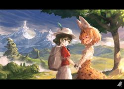 Rule 34 | 10s, 2girls, ^ ^, animal ears, bag, blouse, bow, bowtie, bucket hat, closed eyes, hair between eyes, hat, hat feather, holding hands, kaban (kemono friends), kemono friends, letterboxed, multiple girls, outdoors, print bow, print bowtie, red shirt, scenery, serval (kemono friends), serval print, serval tail, shirt, tail, you shimizu