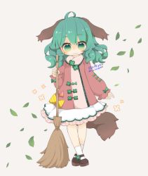 Rule 34 | 1girl, :3, ahoge, animal ears, artist name, bamboo broom, broom, crossed ankles, dated, dog ears, dog tail, dress, green eyes, green hair, holding, holding broom, kasodani kyouko, leaf, long hair, looking at viewer, petals, simple background, solo, tail, touhou, white background, yaco (nuitnotte)