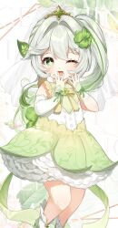 Rule 34 | 1girl, cape, covering own mouth, dress, genshin impact, green eyes, grey hair, hair ornament, hand over own mouth, highres, kkopoli, long hair, multicolored hair, nahida (genshin impact), one eye closed, open mouth, ribbon, sleeveless, white hair, white sleeves