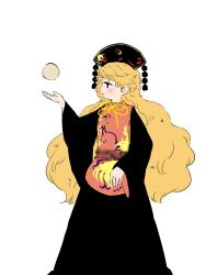 Rule 34 | 1girl, absurdres, black dress, blonde hair, commentary request, dress, headdress, highres, junko (touhou), long hair, long sleeves, looking to the side, red eyes, rin tarou, sash, simple background, solo, tabard, touhou, white background