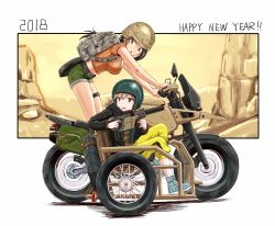 Rule 34 | 2018, 2girls, anbj, backpack, bag, bare arms, black hair, black jacket, breasts, brown eyes, camouflage, chin strap, commentary, crop top, crossover, driving, frying pan, green eyes, gun, happy new year, helmet, holding, holding weapon, idolmaster, idolmaster cinderella girls, jacket, kriss vector, large breasts, leg strap, light brown hair, long sleeves, looking back, looking to the side, midriff, morikubo nono, motor vehicle, motorcycle, motorcycle helmet, multiple girls, new year, pants, playerunknown&#039;s battlegrounds, ponytail, shirt, shoes, short shorts, short sleeves, shorts, sidecar, sitting, spare tire, submachine gun, t-shirt, thigh strap, weapon, weapon request, yamato aki, yellow pants