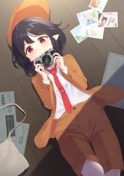 Rule 34 | 1girl, arms up, bag, black hair, blouse, blush, brown coat, brown hat, brown shorts, bunbunmaru, camera, cirno, coat, collared shirt, covering own mouth, daiyousei, flat cap, hakurei reimu, hat, highres, holding, holding camera, hong meiling, inubashiri momiji, jacket, kanpa (campagne 9), knife, komano aunn, long sleeves, looking at viewer, loose necktie, lying, necktie, newspaper, official alternate costume, on back, on floor, open clothes, open coat, photo (object), pointy ears, red eyes, red necktie, satchel, shameimaru aya, shameimaru aya (newsboy), shirt, short hair, shorts, single-lens reflex camera, smile, solo, suit jacket, tie clip, touhou, unworn hat, unworn headwear, white shirt, wooden floor