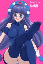 Rule 34 | 1girl, absurdres, bare shoulders, breasts, glasses, gluko, highres, large breasts, long hair, looking at viewer, mon colle knights, purple eyes, purple hair, smile, solo, tagme