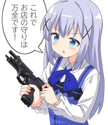 Rule 34 | 1girl, apron, beretta 92, blue apron, blue bow, blue eyes, blue hair, bow, bright pupils, buttons, changaa, chestnut mouth, cocking gun, collared shirt, colored eyelashes, commentary request, furrowed brow, gochuumon wa usagi desu ka?, gun, hair between eyes, hair ornament, handgun, highres, holding, holding gun, holding weapon, kafuu chino, light blue hair, long hair, long sleeves, looking at object, note, open mouth, rabbit house uniform, shirt, simple background, solo, standing, translated, triangle mouth, upper body, weapon, white background, white shirt, winter uniform, x hair ornament