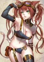 Rule 34 | 1girl, animal ears, asymmetrical clothes, breasts, brown hair, buckle, cleavage, detached sleeves, gluteal fold, goggles, goggles on head, green eyes, lma, solo, steampunk, tail, twintails