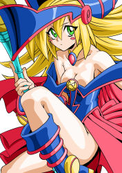 Rule 34 | 1girl, :/, absurdres, adjusting clothes, adjusting headwear, ass, bare legs, bare shoulders, blonde hair, blue eyes, blush stickers, breasts, cleavage, dark magician girl, eywy4324, hat, highres, holding, holding staff, large breasts, leg up, long hair, looking at viewer, magical girl, medium hair, pink skirt, shiny skin, skirt, solo, staff, very long hair, white background, wide hips, witch hat, yu-gi-oh!