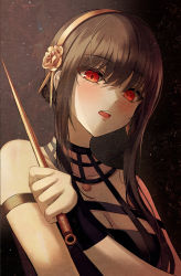 Rule 34 | 1girl, absurdres, bare shoulders, black gloves, black hair, blush, breasts, cleavage, collarbone, commentary, dark background, earrings, eyelashes, fingerless gloves, flower, gloves, gongha, hair flower, hair ornament, hairband, highres, holding, holding weapon, jewelry, long hair, looking at viewer, medium breasts, open mouth, parted lips, pendant, red eyes, sidelighting, sidelocks, simple background, sleeveless, solo, spy x family, straight-on, upper body, weapon, yor briar