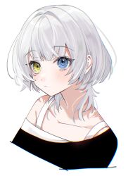 Rule 34 | 1girl, bang dream!, bang dream! it&#039;s mygo!!!!!, black shirt, blue eyes, blunt bangs, blush, chromatic aberration, closed mouth, collarbone, cropped arms, cropped torso, heterochromia, highres, kaname raana, looking at viewer, medium hair, off-shoulder shirt, off shoulder, roko (pe0e07), shirt, simple background, single bare shoulder, solo, undershirt, upper body, white background, white hair, white shirt, yellow eyes