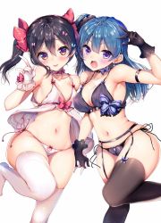 Rule 34 | 2girls, :d, :p, armband, armpits, ayuma sayu, bare shoulders, black bra, black gloves, black hair, black legwear, black panties, black vs white, blue bow, blue hair, blush, bow, bra, breasts, brown eyes, choker, commentary request, earrings, fang, garter belt, gloves, hair between eyes, hair bow, hand up, holding hands, in-franchise crossover, interlocked fingers, jewelry, large breasts, lingerie, long hair, looking at viewer, love live!, love live! school idol project, love live! sunshine!!, multiple girls, navel, no shoes, one side up, open mouth, panties, purple eyes, red bow, side-tie panties, simple background, small breasts, smile, standing, standing on one leg, thick thighs, thighhighs, thighs, tongue, tongue out, tsushima yoshiko, twintails, underwear, underwear only, w, white background, white gloves, white legwear, white panties, wide hips, yazawa nico